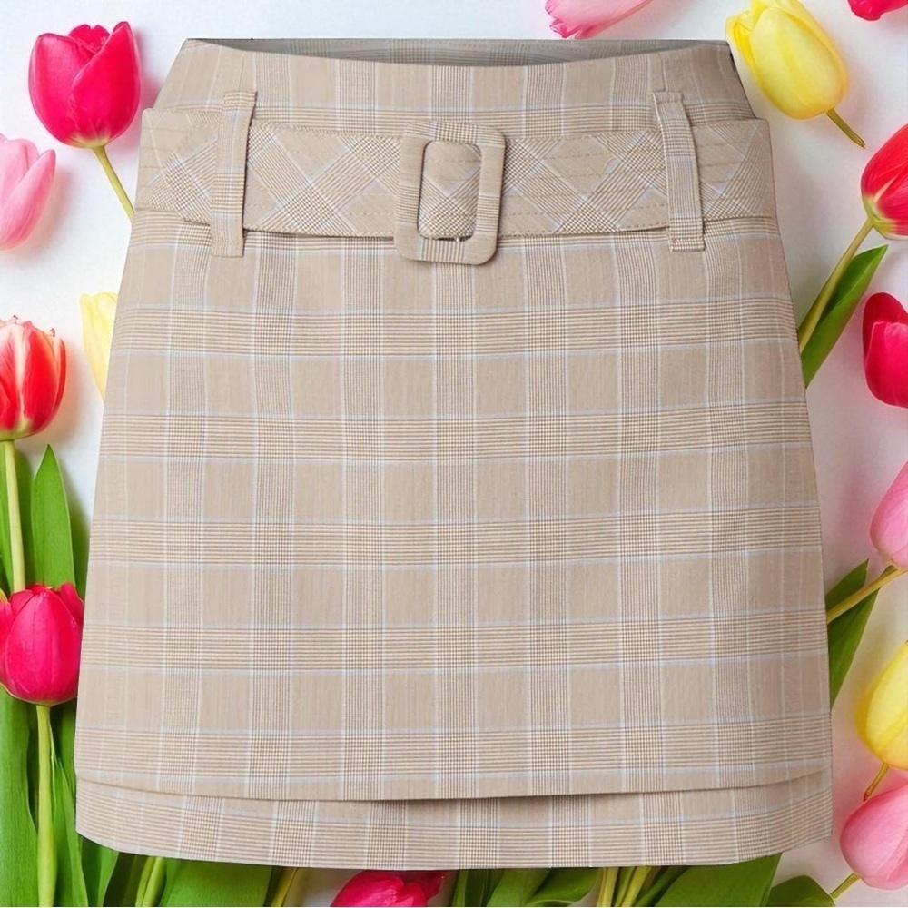 Maje Jikam Checkered‎ Woven Belted Mini Skirt Beige Academia Old Money Size 40